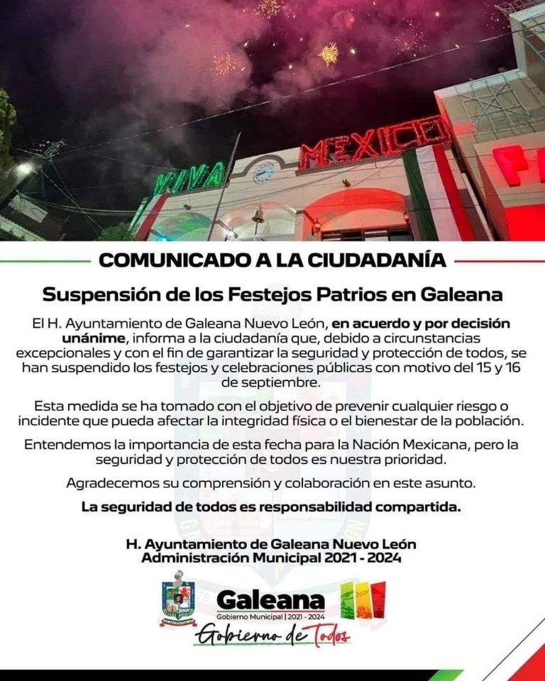 Galeana, Nuevo León, suspende festejos de Independencia por motivos de seguridad ante la creciente ola de violencia en la región.