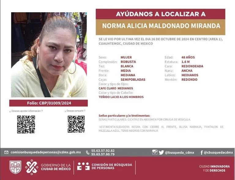 Norma Alicia Maldonado, comerciante de Monterrey, desapareció en CDMX el 26 de octubre. Familiares piden ayuda para localizarla.