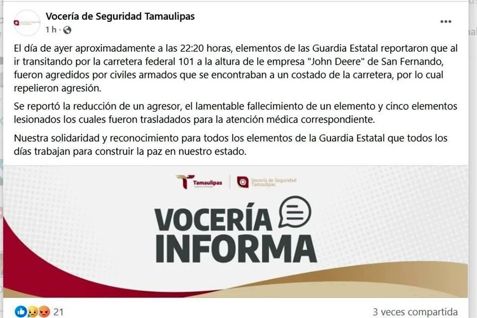 Emboscada en Tamaulipas deja una policía estatal muerta y cinco heridos; suman tres oficiales asesinados en 24 horas por el crimen organizado.