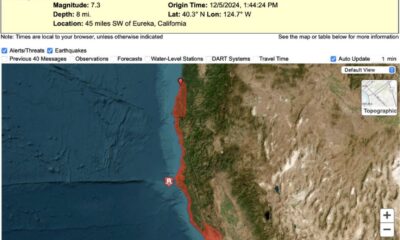 Sismo de magnitud 7.3 frente a California genera alerta de tsunami; autoridades piden a la población seguir indicaciones oficiales.