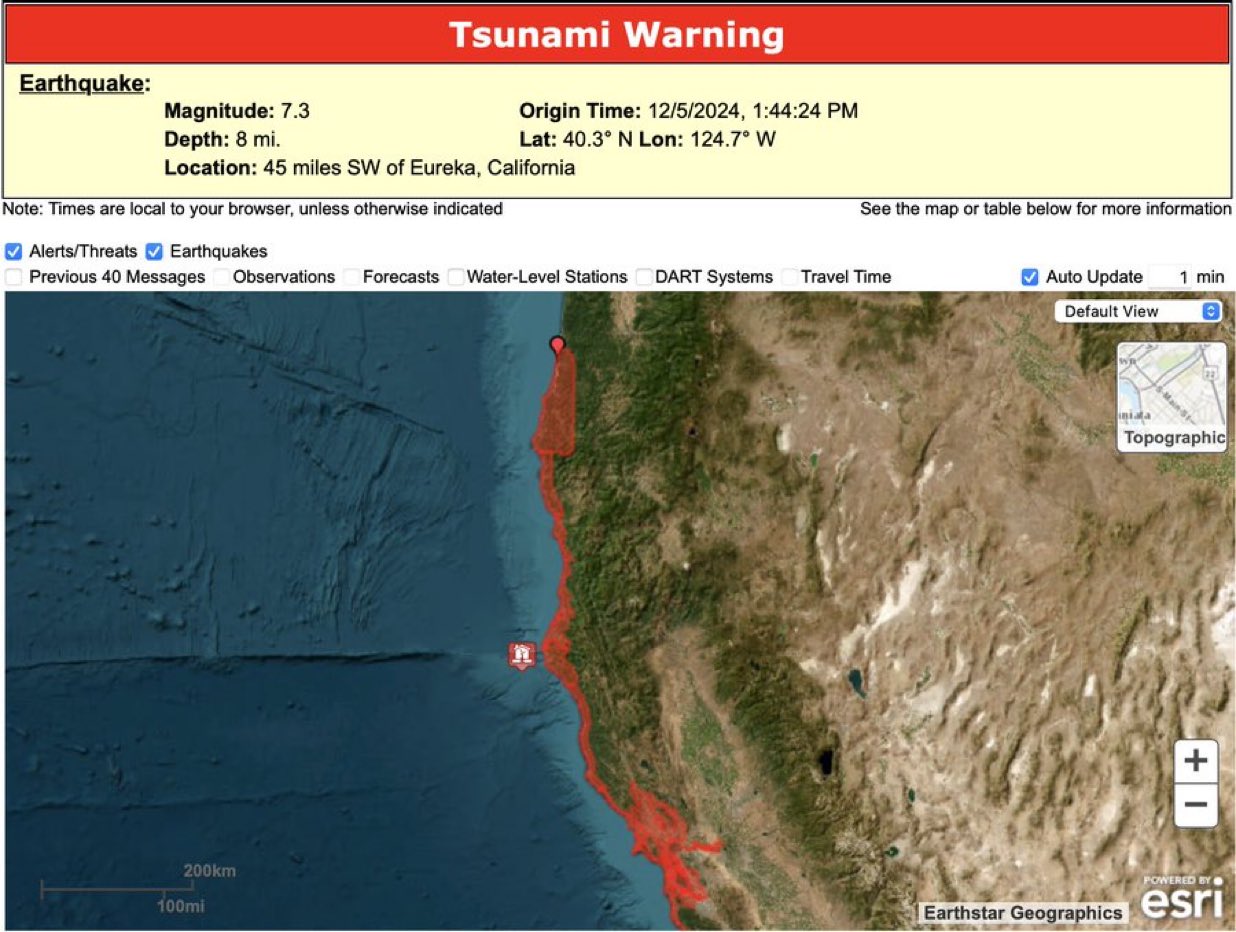 Sismo de magnitud 7.3 frente a California genera alerta de tsunami; autoridades piden a la población seguir indicaciones oficiales.