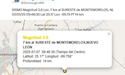 El SSN reportó un sismo de magnitud 3.6 en Montemorelos, NL. Protección Civil evalúa daños tras reportes de estruendos y vibraciones.