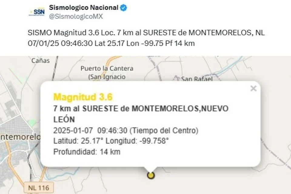 El SSN reportó un sismo de magnitud 3.6 en Montemorelos, NL. Protección Civil evalúa daños tras reportes de estruendos y vibraciones.