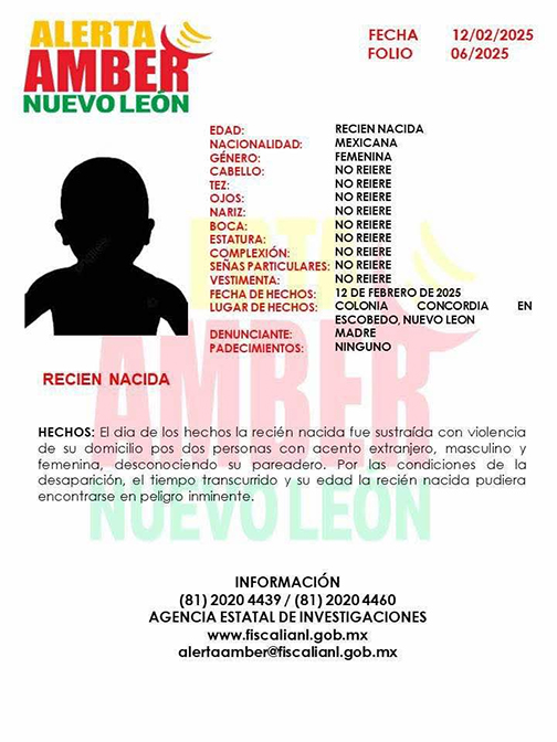 Recién nacida es secuestrada en Escobedo por pareja de centroamericanos. Ocurrió en su propia casa, aún con el cordón umbilical.