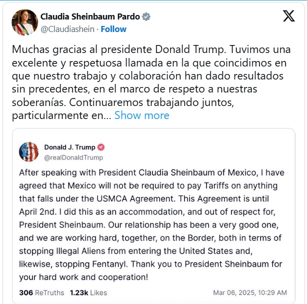 Sheinbaum detalló que sostuvo una llamada con Trump, en la que coincidieron en la importancia de la colaboración en temas clave como migración y seguridad