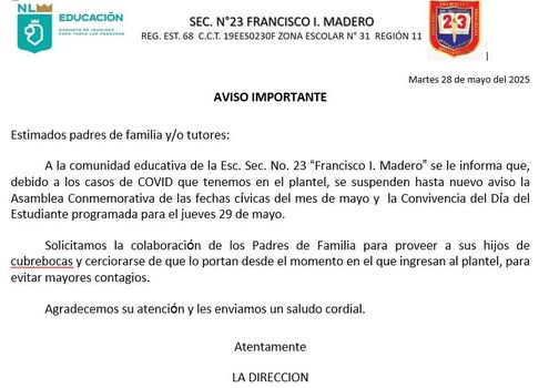 Aunque no se detalló el número exacto de casos confirmados, la Secretaría de Educación de Nuevo León confirmó la existencia del brote y aseguró que, por el momento, no se contempla la suspensión de clases presenciales