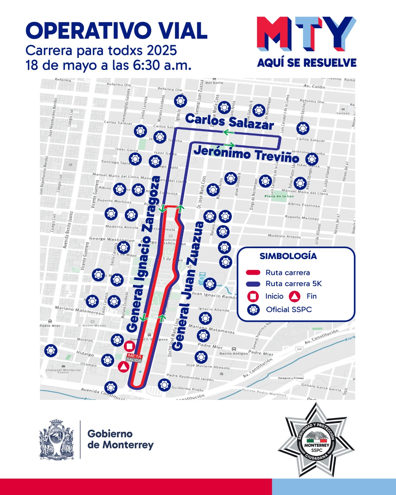 Los corredores iniciarán en calle Zaragoza, frente al Museo Metropolitano, y continuarán por calle Zuazua hasta llegar a calle Treviño.
