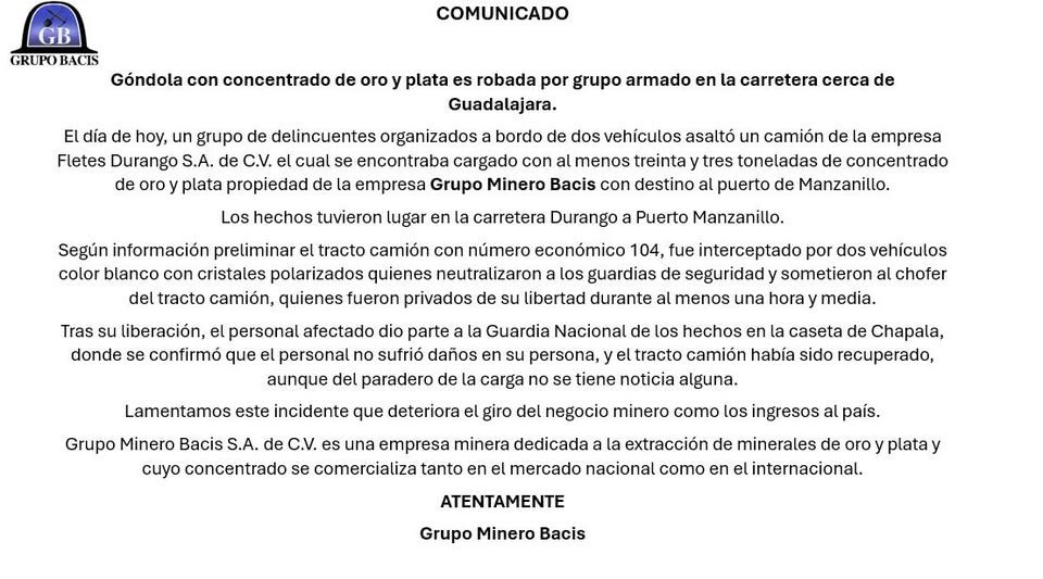 Grupo Minero Bacis lamentó el incidente, señalando el impacto negativo que estos delitos generan en la industria minera y en los ingresos del país.