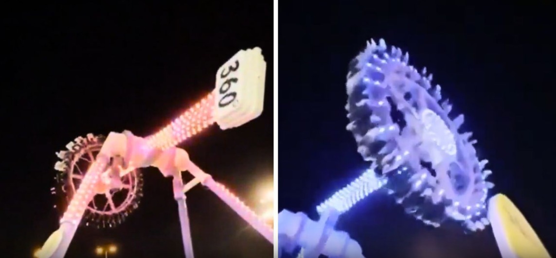 La atracción, conocida como “360 Degrees”, sufrió una falla mecánica mientras transportaba a varios pasajeros, provocando que una grúa del juego se partiera y cayera violentamente al suelo.