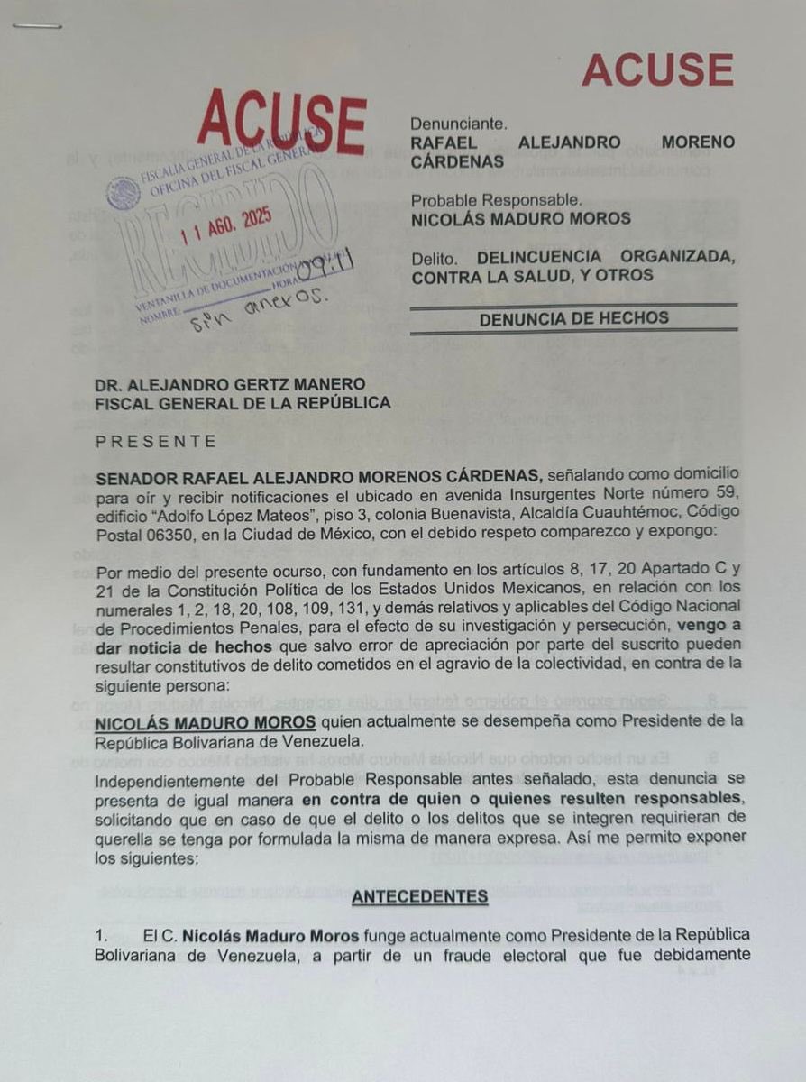 de delitos relacionados con delincuencia organizada, delitos contra la salud y nexos con cárteles mexicanos. “El presidente venezolano debe responder ante la justicia por todos los