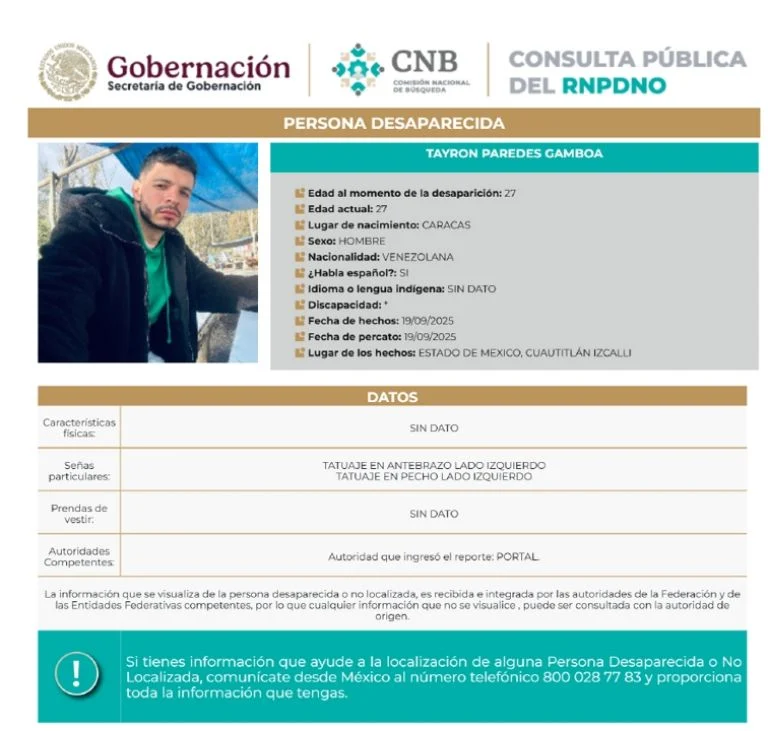 Las autoridades pidieron a la ciudadanía que, en caso de tener información sobre su paradero, se comunique al número 800 020 77 83.