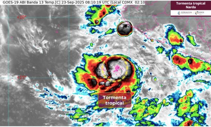 Los desprendimientos nubosos asociados a “Narda” provocarán lluvias muy fuertes de entre 50 y 75 milímetros en Jalisco, Colima y Michoacán