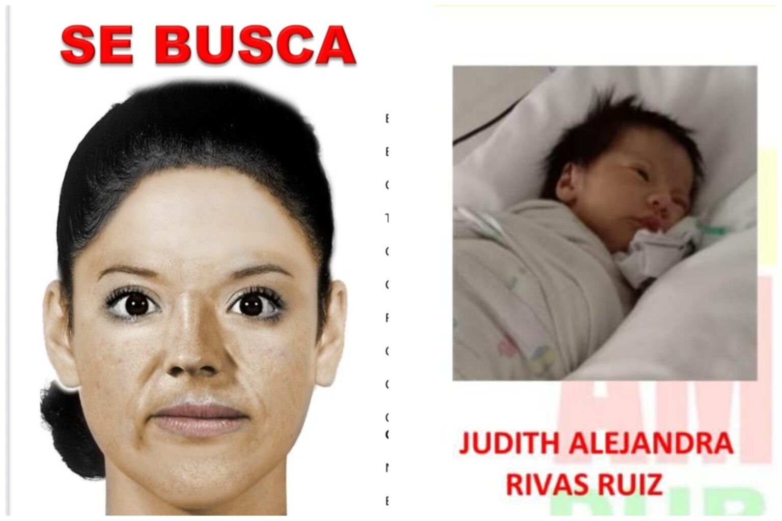 La bebé sustraída mide 55 centímetros, tiene tez morena clara, cara redonda, cabello lacio abundante color negro, cejas semipobladas, ojos cafés rasgados, nariz ancha, boca mediana y labios regulares.