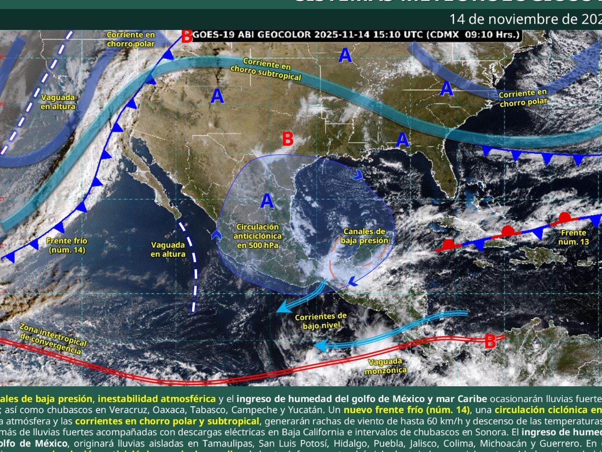 El reporte también prevé que los días 18 y 19 de noviembre se registren chubascos y lluvias en el centro, sur y sureste del país, así como en la Península de Yucatán, con precipitaciones fuertes en Chiapas.