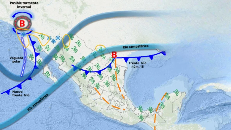 Las condiciones también favorecerán la caída de nieve y aguanieve en las sierras de Baja California y Sonora, extendiéndose hacia Chihuahua y Durango durante el domingo.