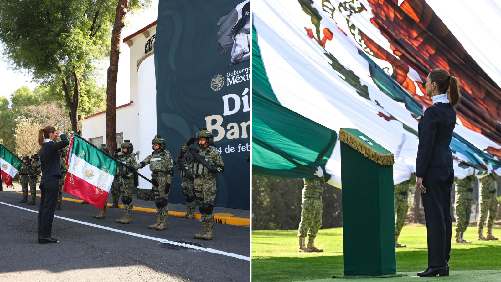 Durante el acto, Sheinbaum, como Comandanta Suprema de las Fuerzas Armadas, tomó protesta y abanderó a mil escoltas escolares y militares en todo el país