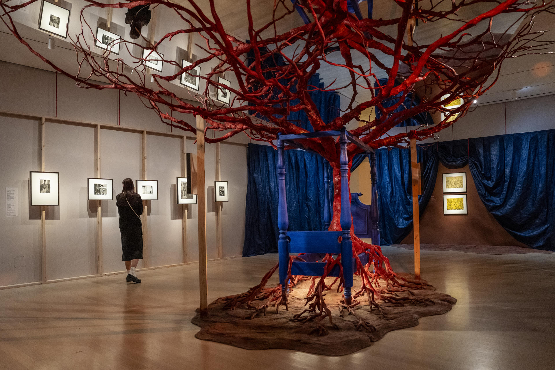 La muestra propone un diálogo entre artes visuales y escénicas, con instalaciones inspiradas en la escenografía de la ópera, entre ellas una cama azul atravesada por un árbol rojo que simboliza elementos recurrentes en la obra de Kahlo