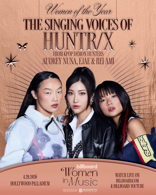 Las cantantes EJAE, Audrey Nuna y Rei Ami, quienes interpretan las voces del grupo ficticio HUNTR/X en la película animada KPop Demon Hunters, fueron nombradas Mujeres del Año 2026 por la revista Billboard