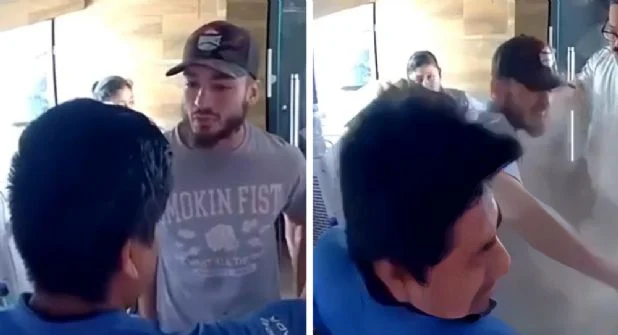 En la grabación se observa cómo el hombre se acerca para reclamarle, le arrebata una tableta electrónica y comienza a insultarlo mientras cuestiona por qué tomó la imagen.