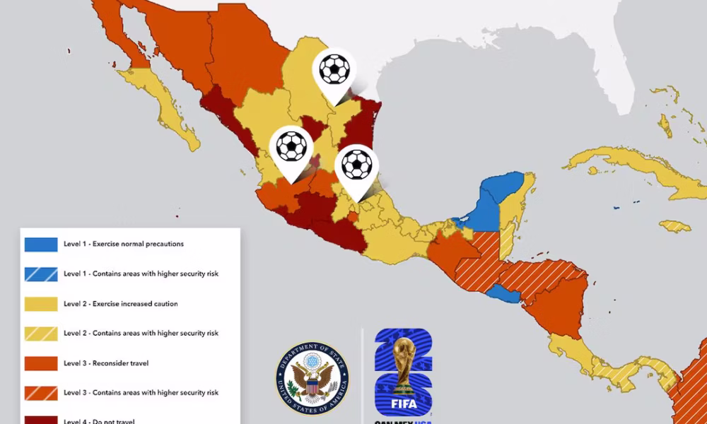 A través de su más reciente alerta de viaje, el Departamento de Estado señaló que la Ciudad de México y Nuevo León, dos de las tres sedes mexicanas del Mundial, son entidades donde los visitantes deben actuar con cautela