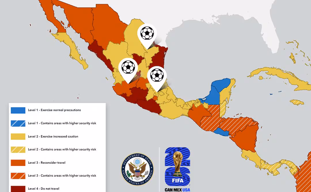 A través de su más reciente alerta de viaje, el Departamento de Estado señaló que la Ciudad de México y Nuevo León, dos de las tres sedes mexicanas del Mundial, son entidades donde los visitantes deben actuar con cautela