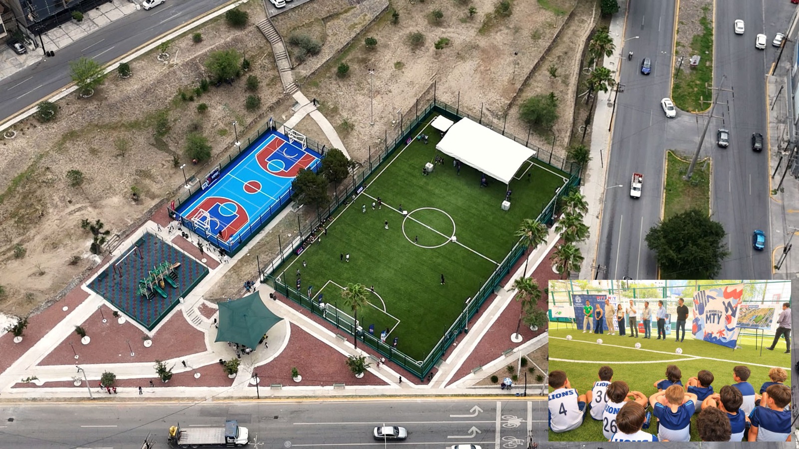 La rehabilitación que fue integral, abarcó el área de juegos infantiles donde se instaló firme de concreto y piso amortiguante, reja de acero y muro de contención.