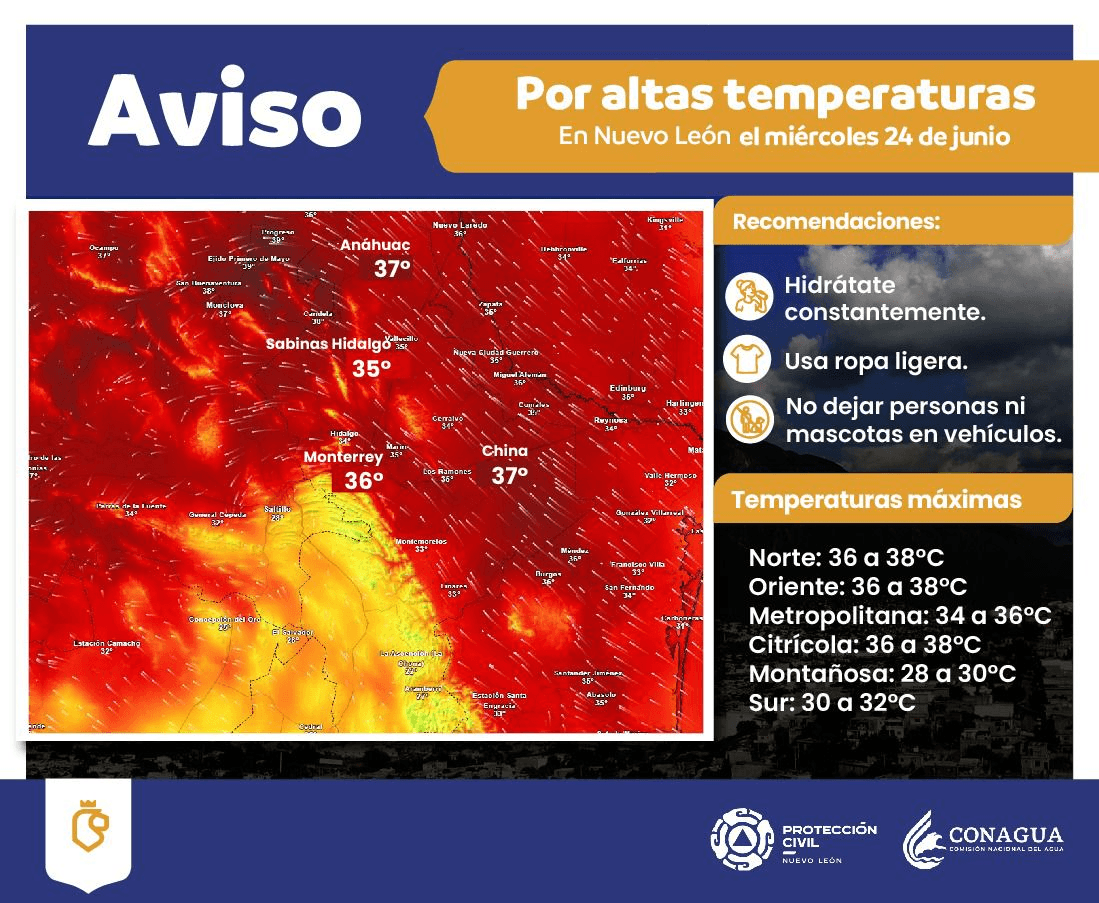 De acuerdo con el pronóstico, se espera un ambiente cálido a caluroso con sensación bochornosa, cielo mayormente despejado y baja probabilidad de lluvia.