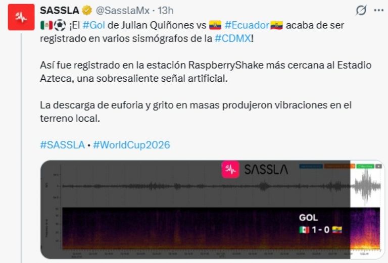 A través de sus redes sociales, SASSLA explicó que "la descarga de euforia y grito en masas produjeron vibraciones en el terreno local".