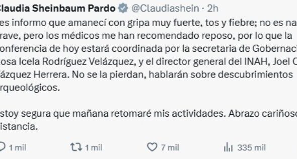 A través de redes sociales, Sheinbaum explicó que debido a su malestar decidió suspender sus actividades de la mañana