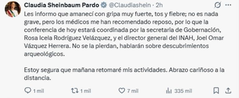 A través de redes sociales, Sheinbaum explicó que debido a su malestar decidió suspender sus actividades de la mañana
