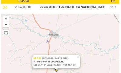 El segundo temblor se registró a las 10:27 horas, con magnitud de 3.6 y epicentro localizado 56 kilómetros al sureste de Linares, a una profundidad de 10 kilómetros.