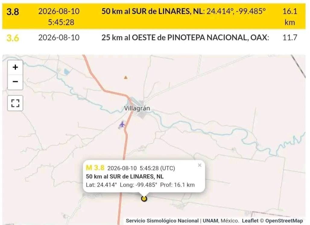 El segundo temblor se registró a las 10:27 horas, con magnitud de 3.6 y epicentro localizado 56 kilómetros al sureste de Linares, a una profundidad de 10 kilómetros.