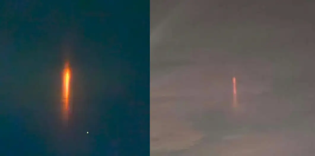 Entre las posibilidades se encuentra un pilar de luz, un fenómeno óptico que puede producirse cuando la iluminación de una fuente ubicada en tierra se refleja en pequeños cristales de hielo suspendidos en la atmósfera, creando la apariencia de una columna que se eleva hacia el cielo.