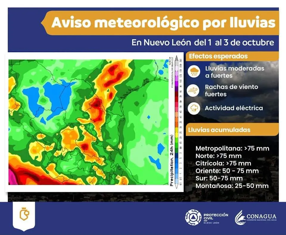El periodo de mayor acumulación de lluvia se prevé entre el jueves 1 y el sábado 3 de octubre, principalmente en las regiones Norte, Citrícola y Metropolitana