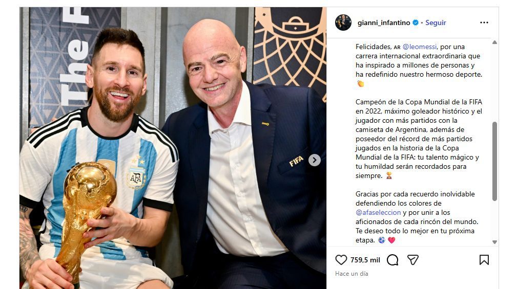El dirigente de la FIFA señaló además que Messi consiguió establecer una marca histórica al convertirse en el futbolista con más partidos disputados en la historia de las Copas del Mundo