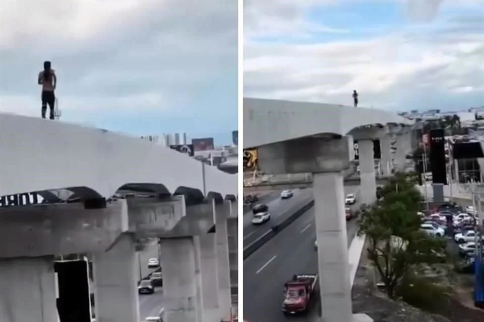 El sujeto aparece sin playera y únicamente con un pantalón, mientras recorre parte de las instalaciones sin que se observe algún equipo de seguridad que pudiera reducir el riesgo de una caída.