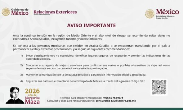 La advertencia se difundió en medio de reportes sobre la interceptación de drones por parte de Arabia Saudita y amenazas de los hutíes contra Riad, en un contexto de creciente incertidumbre sobre la seguridad regional.