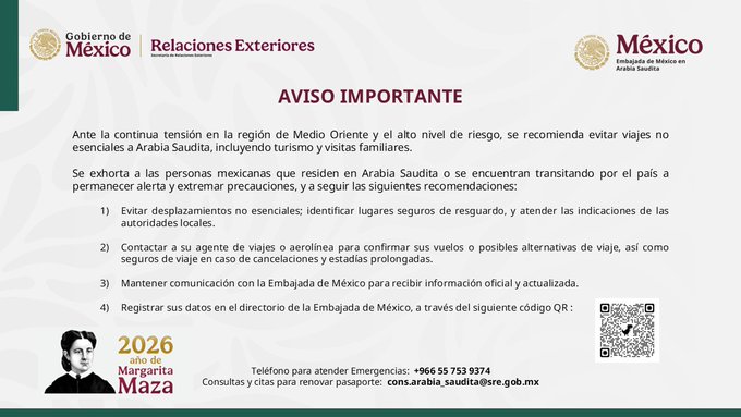 La advertencia se difundió en medio de reportes sobre la interceptación de drones por parte de Arabia Saudita y amenazas de los hutíes contra Riad, en un contexto de creciente incertidumbre sobre la seguridad regional.