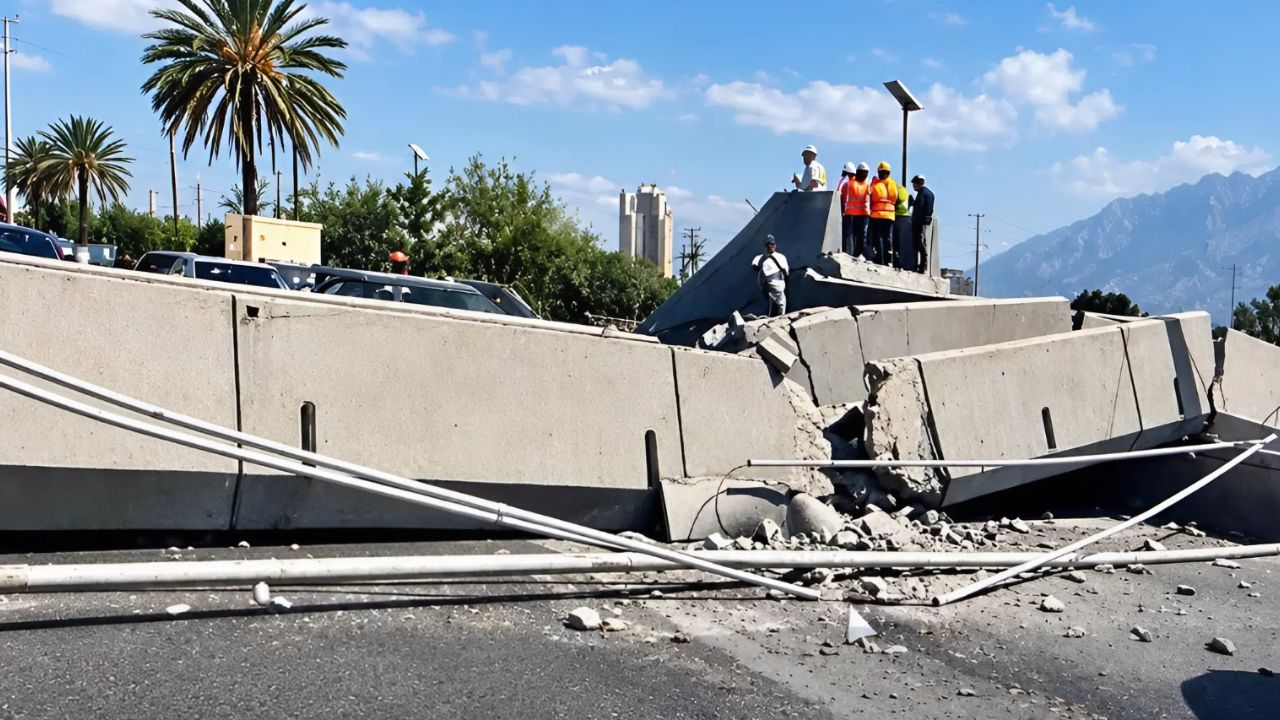 El derrumbe ocurrió a la altura del cruce con la avenida Félix U. Gómez, cerca de la Escuela Normal Superior, donde los fragmentos de concreto cayeron sobre un Volkswagen Virtus